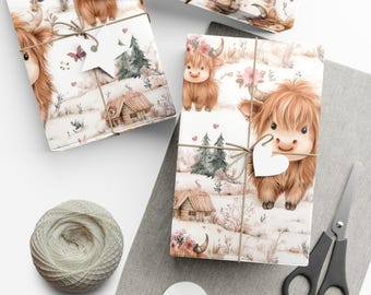 Papel de regalo con diseño de vaca bebé de las Tierras Altas: papel de regalo floral estilo cottagecore