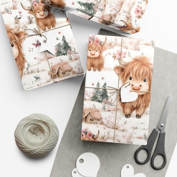 Baby Highland Cow Gift Wrap: Cottagecore Floral Wrapping Paper