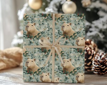 Capybara Festive Gift Wrap - Watercolor Design with Greenery & Berries for Winter and Animal Lovers