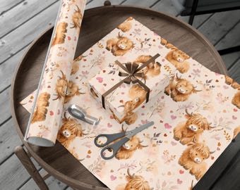 Adorable Baby Highland Cow Gift Wrapping Paper Cute Farm Animal Design with Hearts and Pastel Foliage for Birthdays  and  Special Occasions