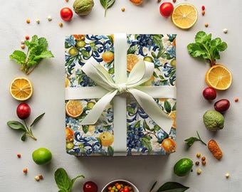 Citrus Fruit Gift Wrap - Vibrant Orange & Lemon Wrapping Paper with Blue Accents for Summer, Kitchen and Hostess Gifts