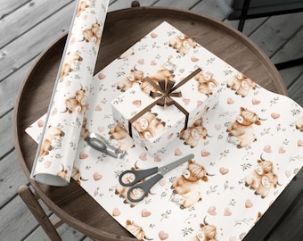 Adorable Highland Cow Gift Wrap - Pastel Hearts and Floral Design