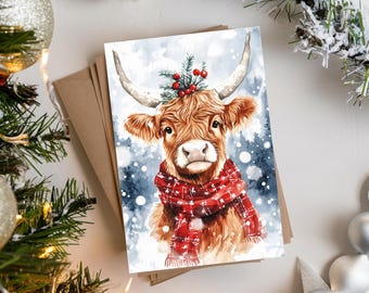 Printable Christmas Card Highland Cow – 5x7 Holiday Greeting Card PDF, Rustic Farmhouse Winter Card, Cute Cow with Scarf Christmas Decor