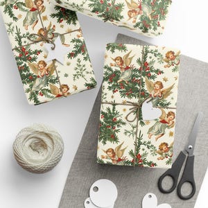 Christmas Angel Gift Wrap - Vintage Holiday Wrapping Paper with Holly and Stars image 4