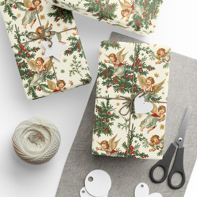 Christmas Angel Gift Wrap - Vintage Holiday Wrapping Paper with Holly and Stars image 4