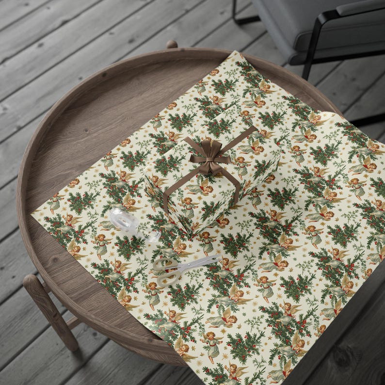 Christmas Angel Gift Wrap - Vintage Holiday Wrapping Paper with Holly and Stars image 6
