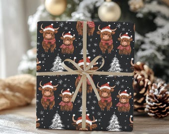 Christmas Highland Cow Gift Wrapping Paper Cute Festive Cows with Santa Hats & Plaid Scarves Perfect Holiday Wrap for Animal Lovers