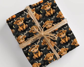 Highland Cow Halloween Gift Wrap -Charming Fall Wrapping Paper with Pumpkins, Bats & Moons
