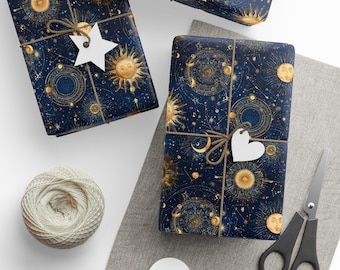 Celestial Zodiac Gift Wrap: Gold Sun, Moon & Stars - Midnight Blue