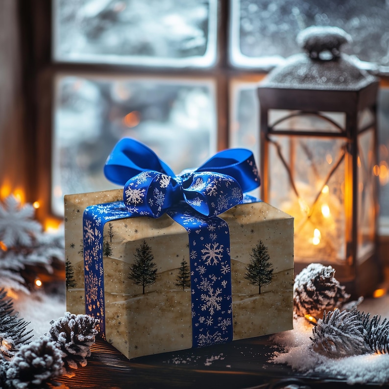 Papel de regalo de pino nevado: papel de regalo navideño rústico para envolver regalos de invierno. imagen 9