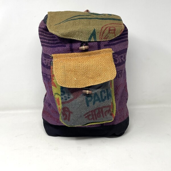 Recycled Jute Rice Bag Backpack Hand Made Nepal Multi Color