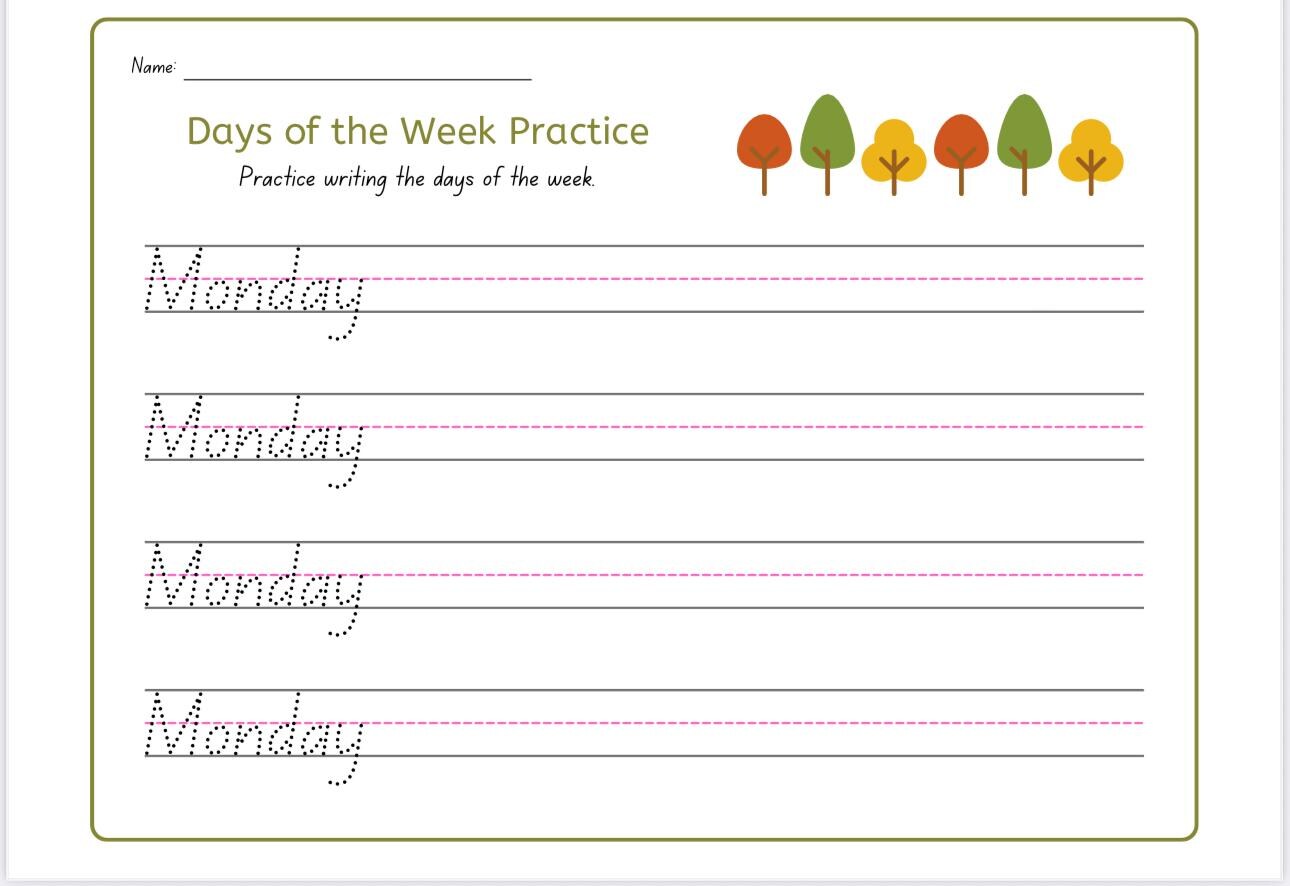 Days of the Week Handwriting Practice Worksheet, Printable Tracing for ...