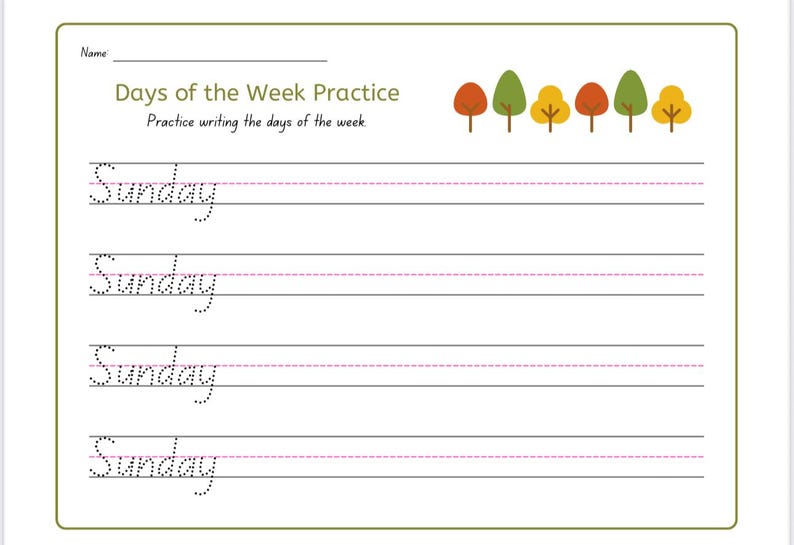 Days of the Week Handwriting Practice Worksheet, Printable Tracing for ...