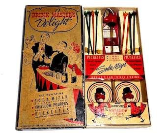 Antique 1940s Drink Masters Delight Barware Set Swallow Pourer Soda Mizer Retro