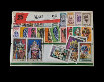 H E Harris & Co Masks Set of 25 Genuine Postage Stamps All Different Sealed VTG