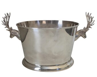 Cubitera grande de Pottery Barn con forma de ciervo, chapada en plata, ideal para fiestas, vino y champán.