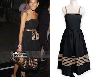 Vtg 70er Jahre Oggee By Rizkallah Schwarzes Kleid Faille Gold Tea ASO Sarah Jessica Parker