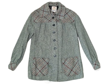 Vintage College Town Green Houndstooth Wool Blend Coat Size Small 1970s 1960s