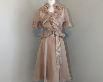 Vintage Lillie Rubin Light Brown Tan Mesh Ruffle Dress w Jacket 1970s 1980s Gown