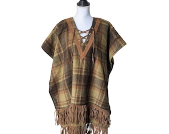 Vintage Sullivan of Albuquerque Green Brown Wool Leather Fringe Trim Poncho 70s