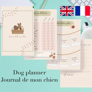 Peut inclure: Un planificateur pour chien avec un fond beige clair et des motifs de pattes. Le planificateur comprend des sections pour "Mon éducation canine", "Mon évolution en photos", "Mes premières fois" et "À faire".