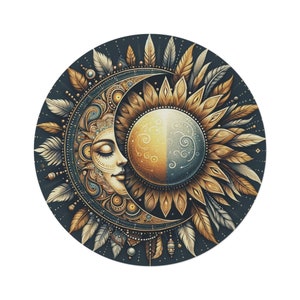 Boho Sun/Moon Round Rug - Bohemian Celestial Carpet, Circular Astrology Decor, Spiritual Home Accent, Chic Meditation Space Mat