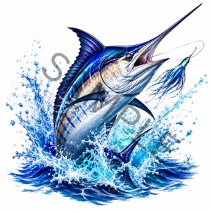 May include: A vibrant illustration of a blue marlin leaping from deep blue ocean water, creating a large splash. The fish features a long, pointed bill, dark blue dorsal fin, and silver-blue scales. A blue fishing lure is attached to its mouth.