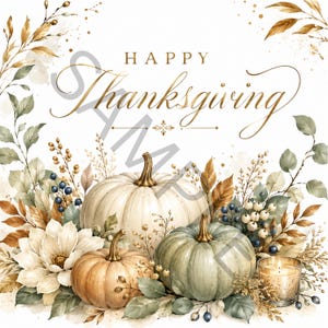 May include: A decorative Thanksgiving graphic featuring the text HAPPY Thanksgiving in gold script, surrounded by white, sage green, and tan pumpkins, a white flower, dried foliage, blue berries, and a lit candle in a glass votive holder.