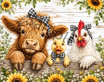 Amici della fattoria PNG / Design per sublimazione con mucca delle Highlands, anatra e pollo / Clipart di animali da fattoria / Decorazioni per fattoria di campagna PNG