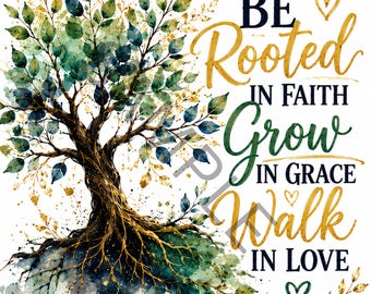 Op de afbeelding: Een aquarelillustratie van een boom met groene, blauwe en gouden bladeren en zichtbare wortels. De tekst luidt: BE Rooted IN FAITH Grow IN GRACE Walk IN LOVE. Drie kleine gouden en groene hartjes zijn verspreid tussen de tekst en de boom.