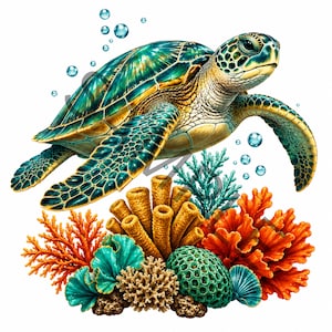 May include: A sea turtle with a patterned teal and gold shell swims above a vibrant coral reef. The reef features orange fan coral, yellow tube sponges, a green honeycomb-textured coral, and teal leafy coral, all surrounded by floating bubbles.