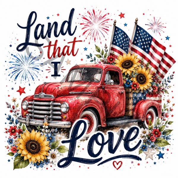 Land That I Love PNG, Patriotic Truck Sublimation Design, American Flag Sunflower Digital Download