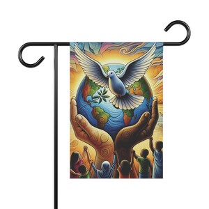 May include: A colourful garden flag featuring a dove carrying an olive branch flying over a globe held by two hands. The globe is surrounded by a group of children with their hands raised.