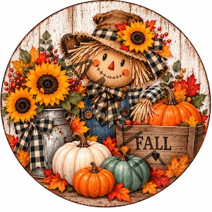 May include: A round decorative sign featuring a scarecrow wearing a black and white buffalo check hat and bow tie. The scene includes sunflowers, a metal pitcher, pumpkins in orange, white, and teal, and a wooden crate labelled with the word FALL.