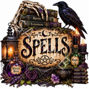 May include: A decorative sign with the word SPELLS in large black lettering, featuring a skeleton hand, a black raven, stacked books labeled Potions, Spells, and Enchantments, a lantern, purple and green potion bottles, candles, and a cauldron.