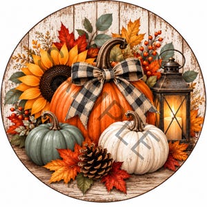 May include: A circular decorative sign featuring a large orange pumpkin with a black and white buffalo check bow, a sage green pumpkin, a white pumpkin, a sunflower, a pinecone, autumn leaves, and a metal lantern with a lit candle inside.