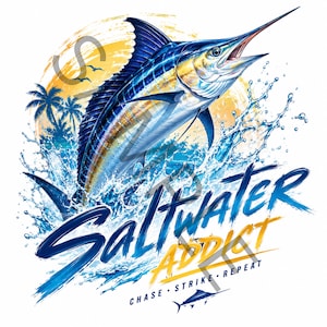May include: A graphic illustration of a blue marlin leaping from water with a yellow sun and palm trees in the background. The text reads Saltwater Addict in blue and yellow script, with the words Chase Strike Repeat below a small fish icon.