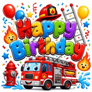 Pode incluir: Um gráfico colorido de Happy Birthday com um caminhão de bombeiros vermelho, um hidrante, um capacete de bombeiro e uma escada. O design inclui personagens de fogo em desenho animado, balões e confetes, com o texto Happy Birthday em letras.