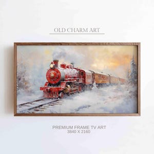 Op de afbeelding: Een vintage rode stoomlocomotief trekt een rij passagierswagons door een besneeuwd winterlandschap. De trein rijdt richting een heldere oranje zonsondergang. De scène is geschilderd in een realistische stijl.
