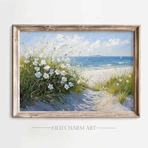 Coastal Floral Oil Painting Print: Summer Beach Landscape (Digital Download)
