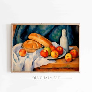 May include: A still life painting of a bowl of bread, a plate of red apples, and a bottle on a wooden table with a white tablecloth. The background is a dark blue and green.