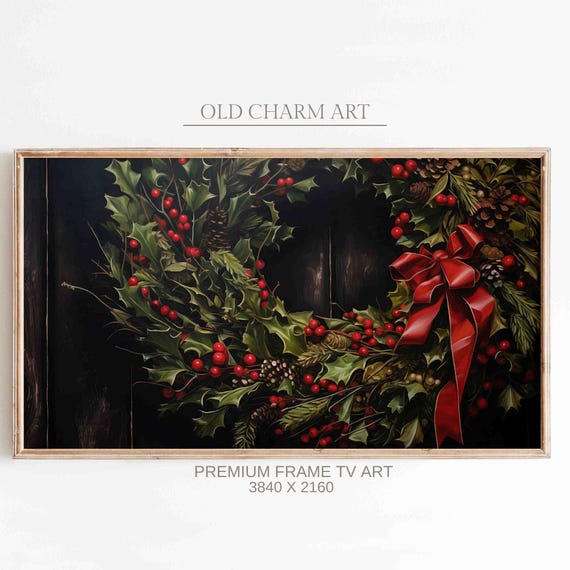 Christmas Frame TV Art, Christmas Wreath Painting, Winter TV