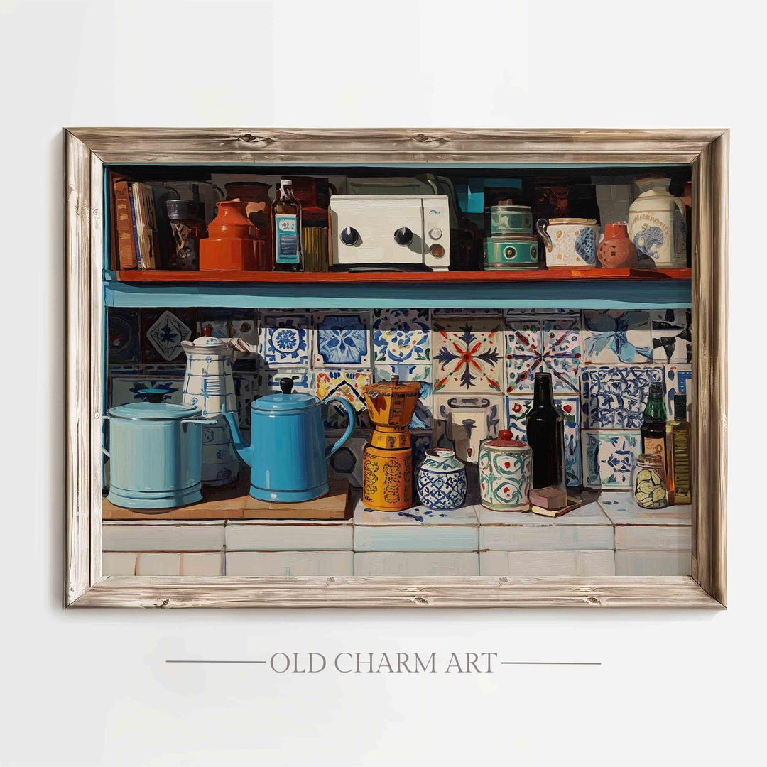 boho farmhouse kitchen decor paintings prints |... Kitchen Print, Vintage Kitchen Still Life Painting, Rustic Farmhouse ...