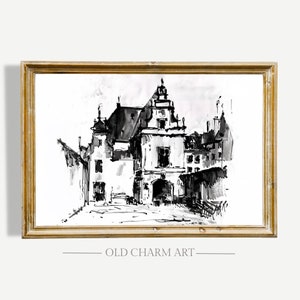 Vintage Cityscape Sketch, Minimalist Drawing Art Print, Cottagecore Art Poster, Digital Printable| SK1