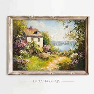 Spring Cottage Print, Cottage Painting Wall Art, Spring Landscape Art, Vintage Countryside Oil Painting, Farmhouse Art Decor | WA261