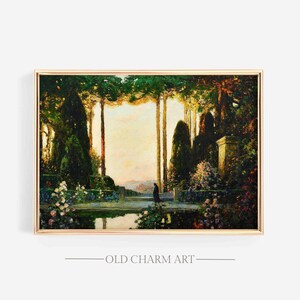 Antique Garden Painting, Rustic Country Landscape Print, Vintage Garden Wall Art, Digital Download | WA142