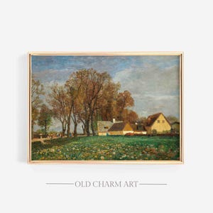 Vintage Autumn Landscape Painting: Rustic Farmhouse Wall Art (Digital Download)
