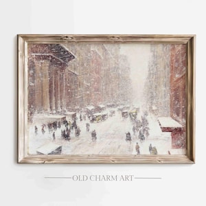 Vintage winterstadsgezicht print: kerst sneeuwstorm schilderij (digitale download)