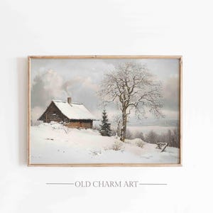 Winter Cabin Landscape Print: Vintage Farmhouse Wall Art (Digital Download)