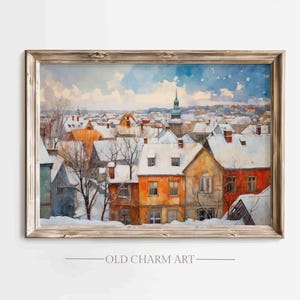 Winter Cityscape Painting: Festive Farmhouse Art (Digital Download)